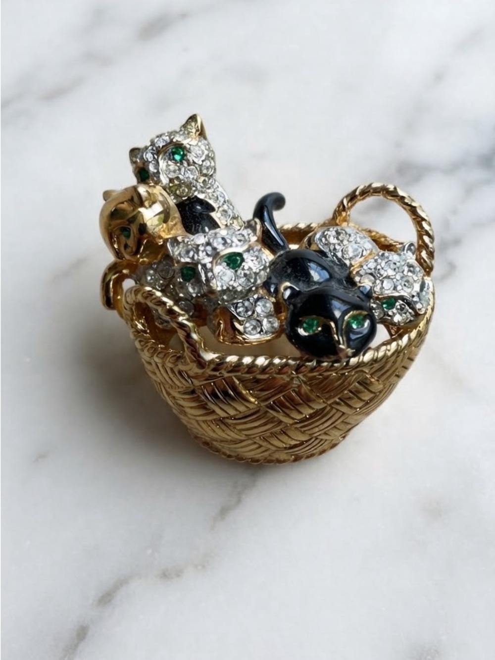 Vintage Carolee Basket of Kittens Brooch Pin Rhinestone Black Enamel Cat 1990s